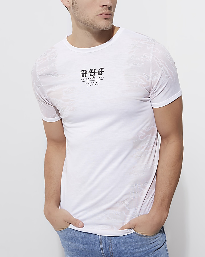 White camo side print muscle fit T-shirt
