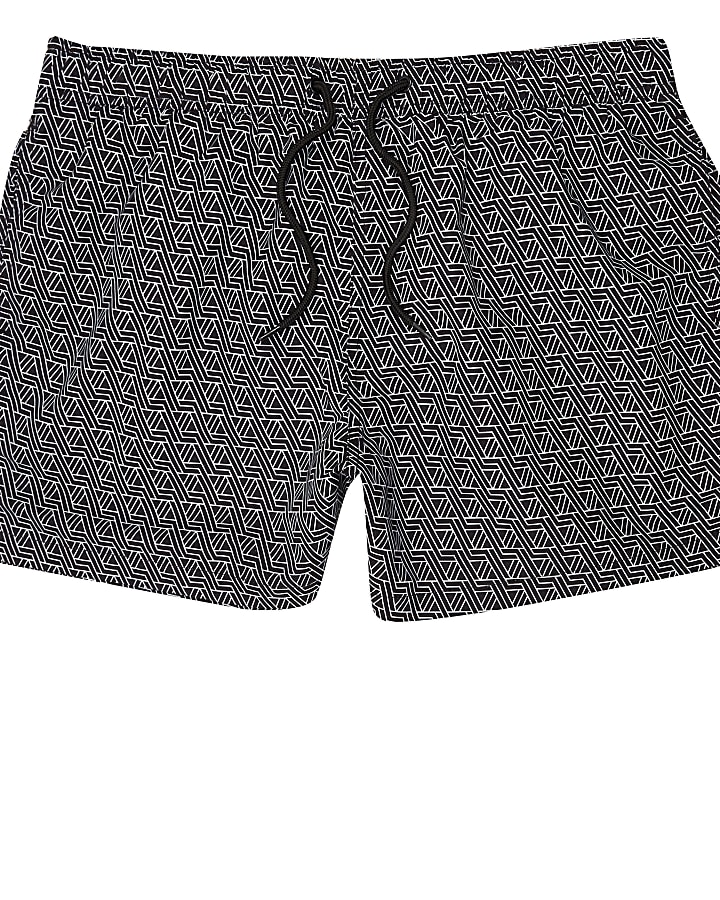 Black geo print short swim shorts