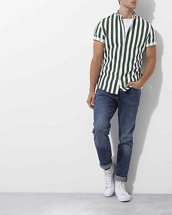 Dark green stripe short sleeve slim fit shirt