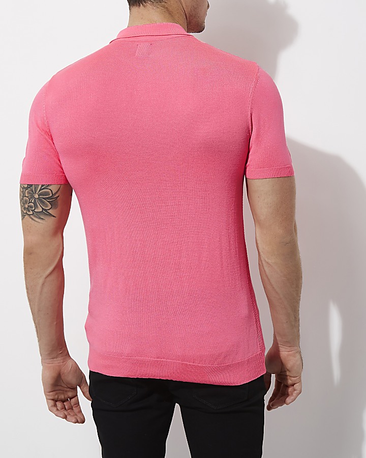 Pink mesh knit slim fit polo shirt