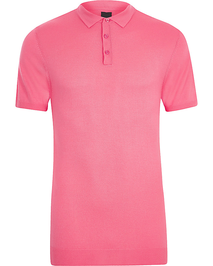 Pink mesh knit slim fit polo shirt