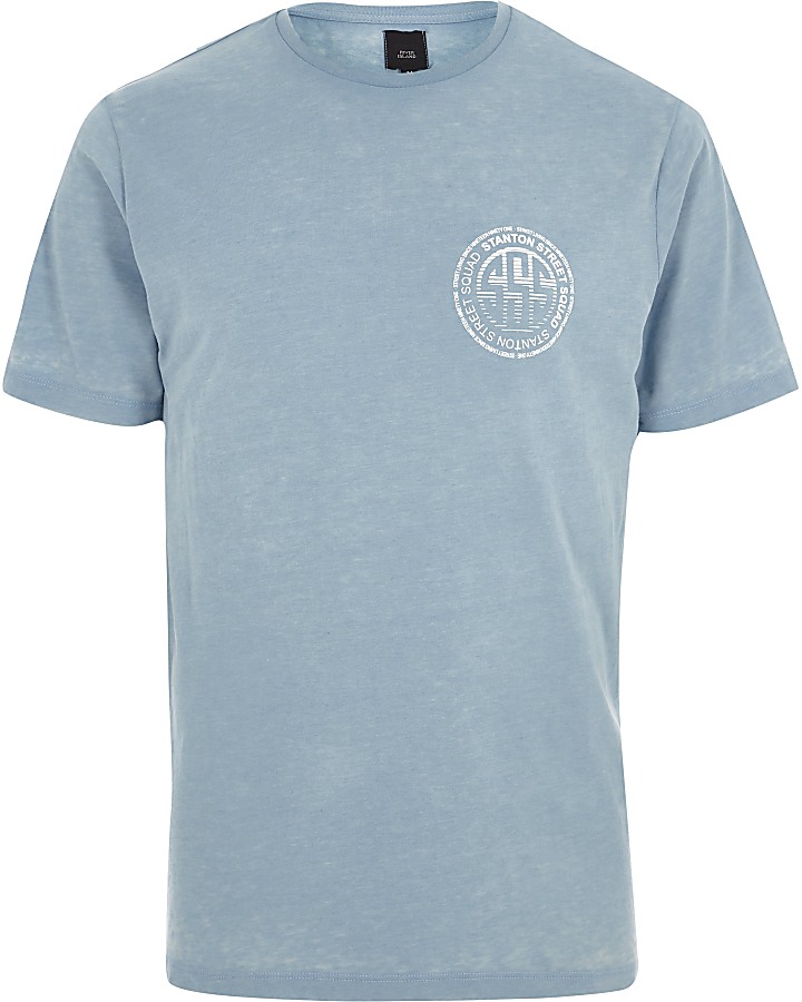 Blue burnout 'Stanton squad' print T-shirt