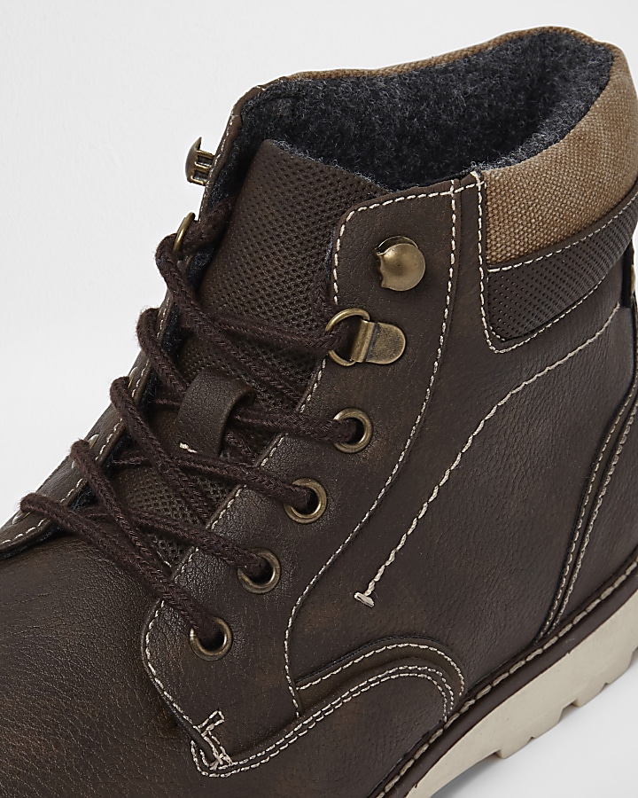 Brown lace-up contrast sole work boots