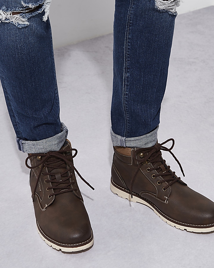 Brown lace-up contrast sole work boots