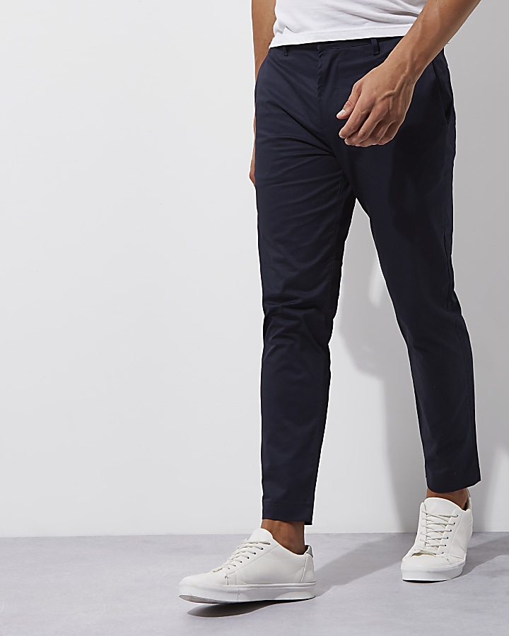 Navy slim fit ankle grazer chino trousers