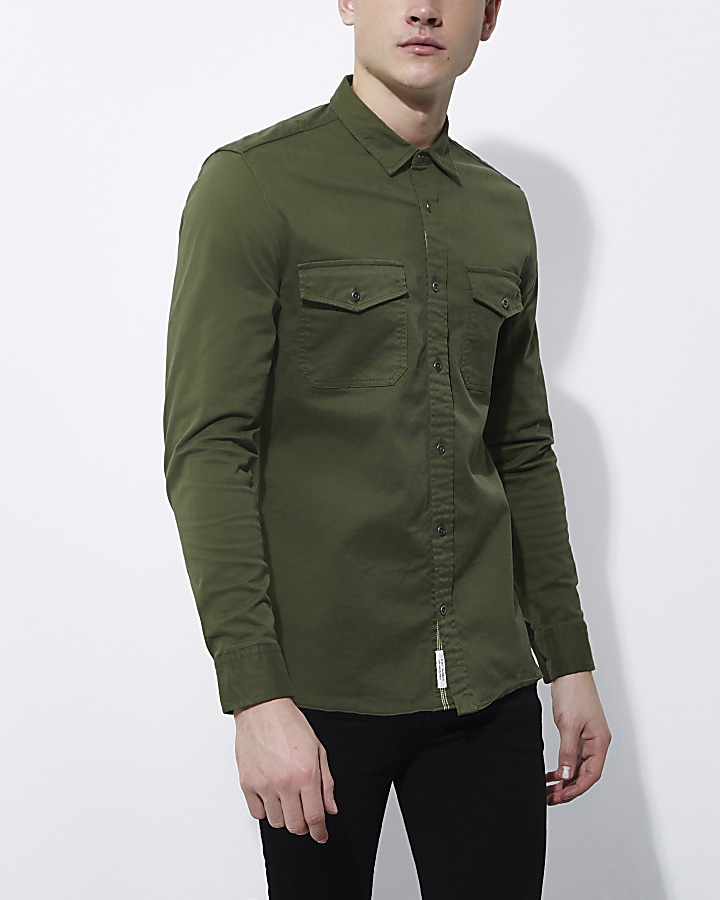 Khaki green muscle fit military shirt