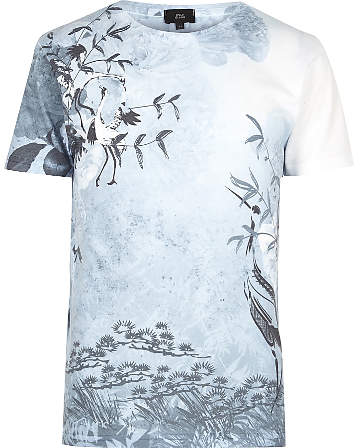 White and blue oriental bird print T-shirt