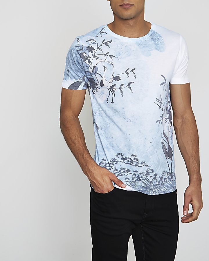 White and blue oriental bird print T-shirt