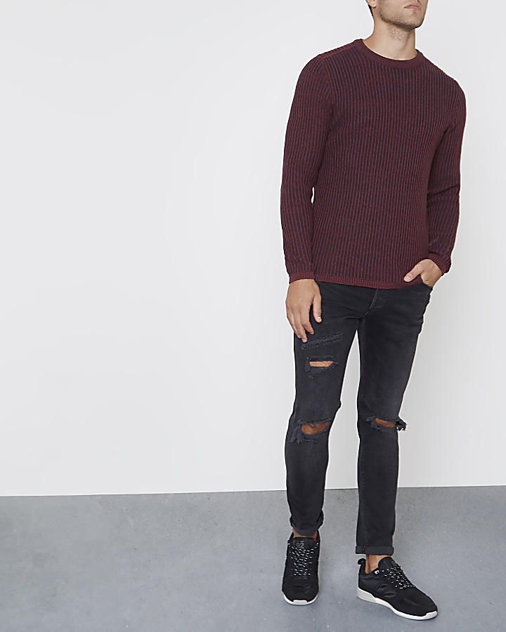 Burgundy ribbed muscle fit knit jumper