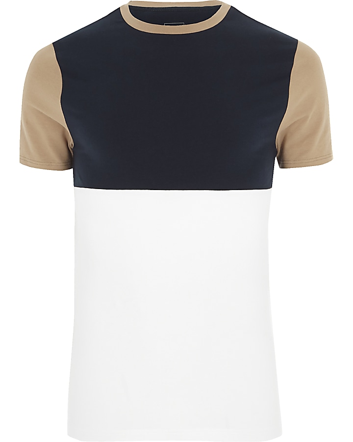White and navy colour block muscle T-shirt