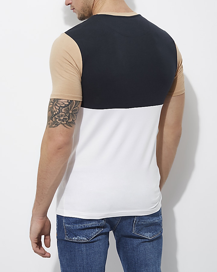 White and navy colour block muscle T-shirt