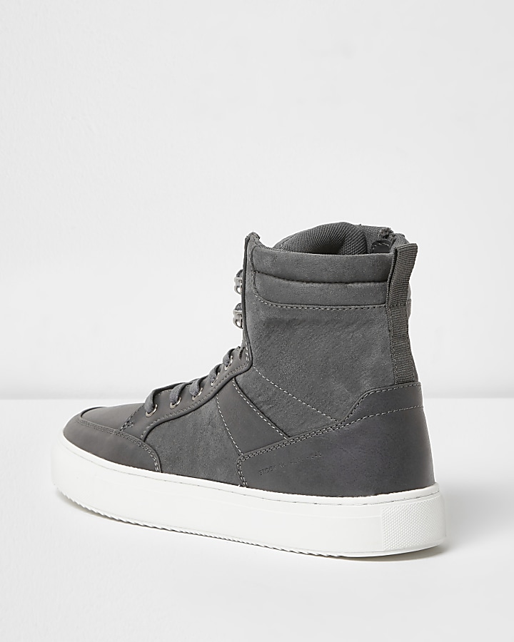 Grey high top contrast sole lace-up trainers