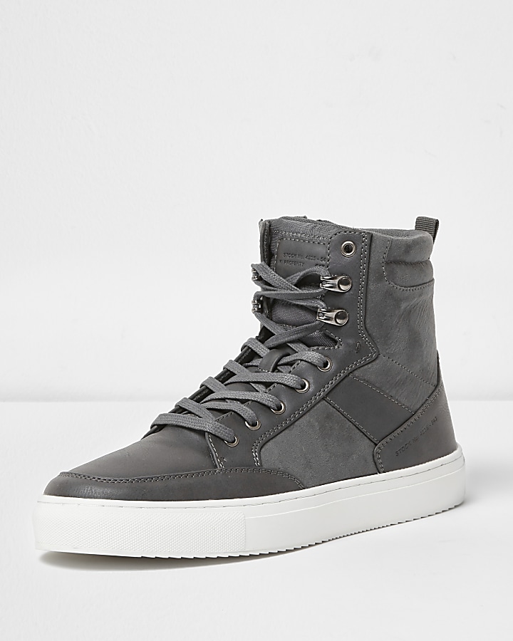 Grey high top contrast sole lace-up trainers