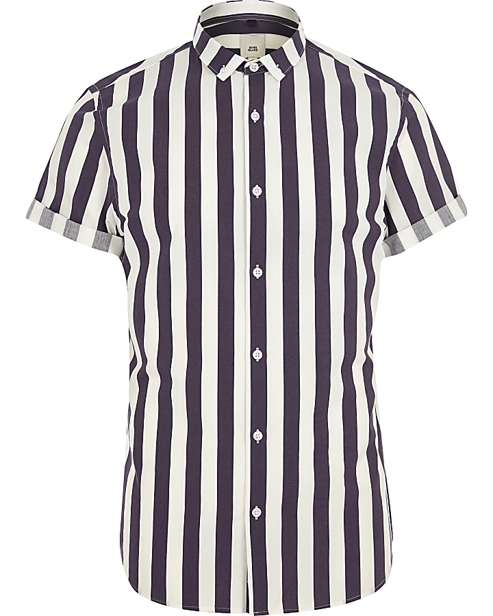Purple stripe slim fit short sleeve shirt