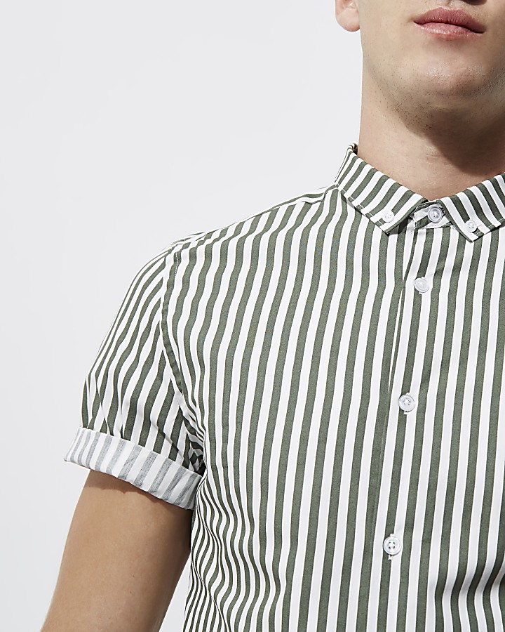 Green stripe slim fit short sleeve shirt