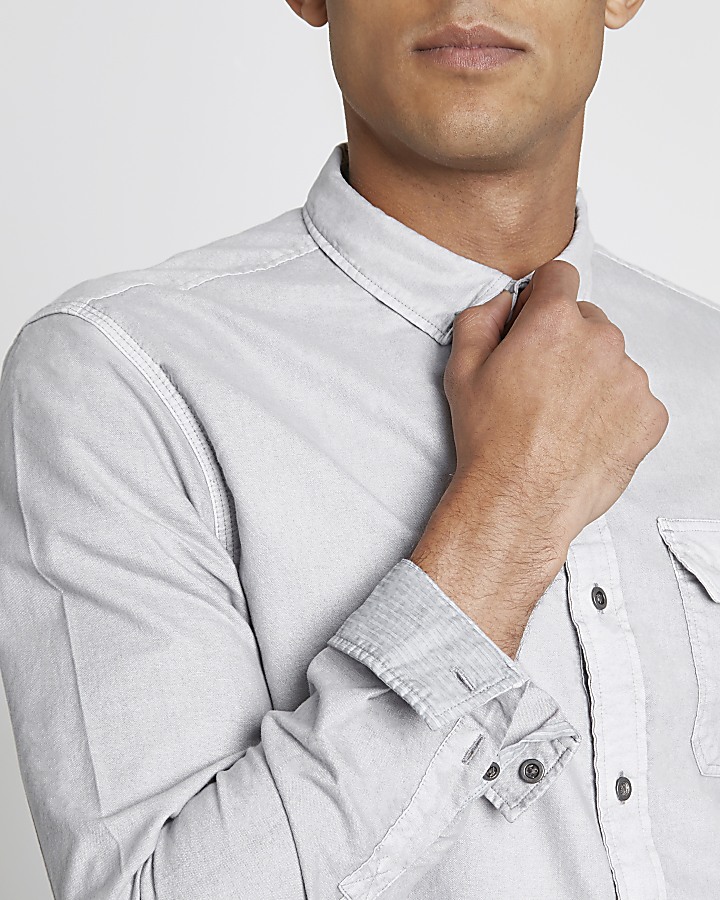 Grey washed slim fit button-down shirt