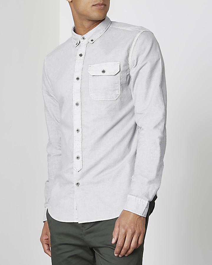 Grey washed slim fit button-down shirt
