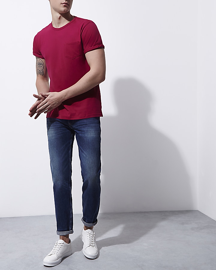 Berry pink pocket rolled sleeve T-shirt