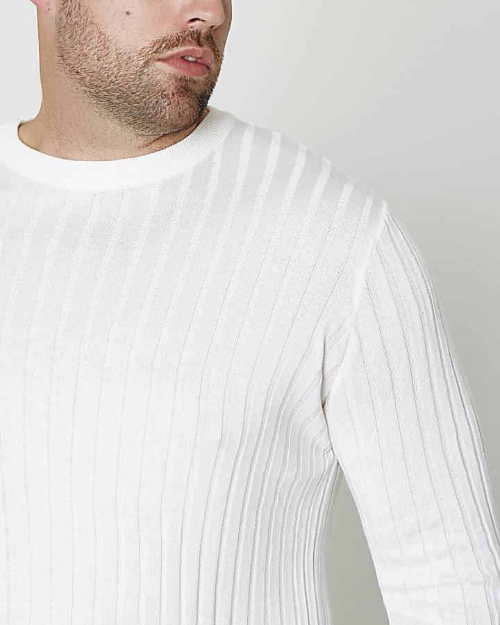 Big and Tall white ribbed crew neck jumper
