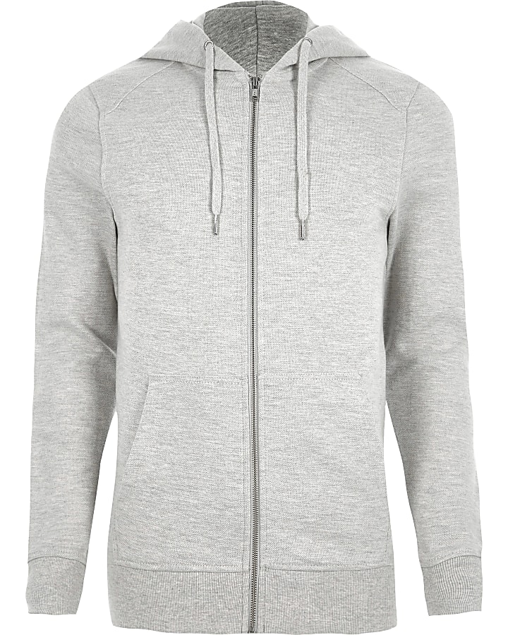 Light grey muscle fit zip-up hoodie