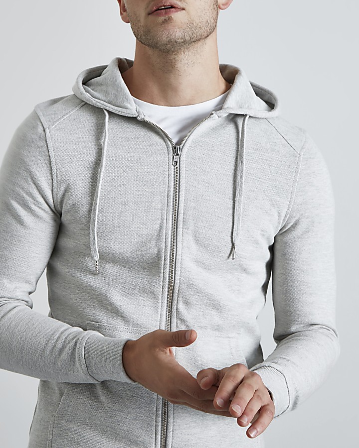 Light grey muscle fit zip-up hoodie