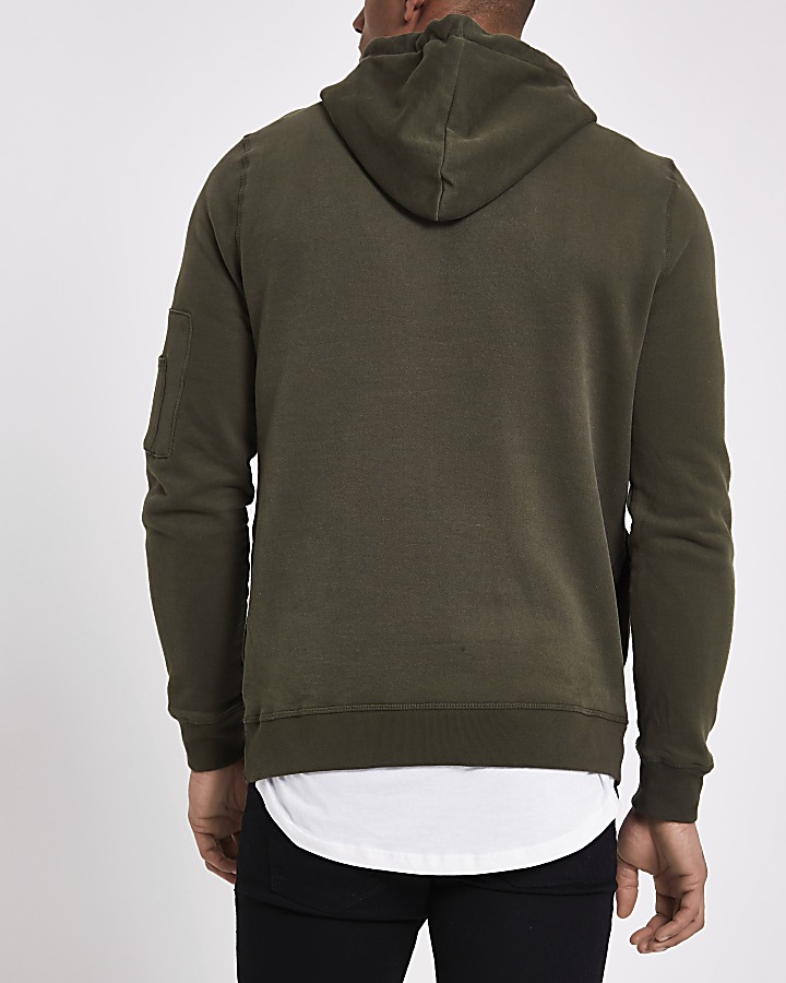 Dark khaki green zip sleeve hoodie