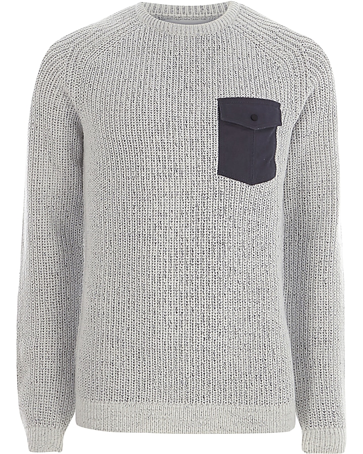 Light grey contrast pocket ribbed knit jumper