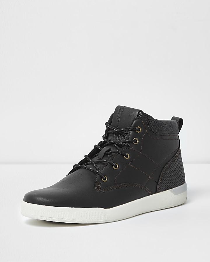 Black hi top lace-up trainers