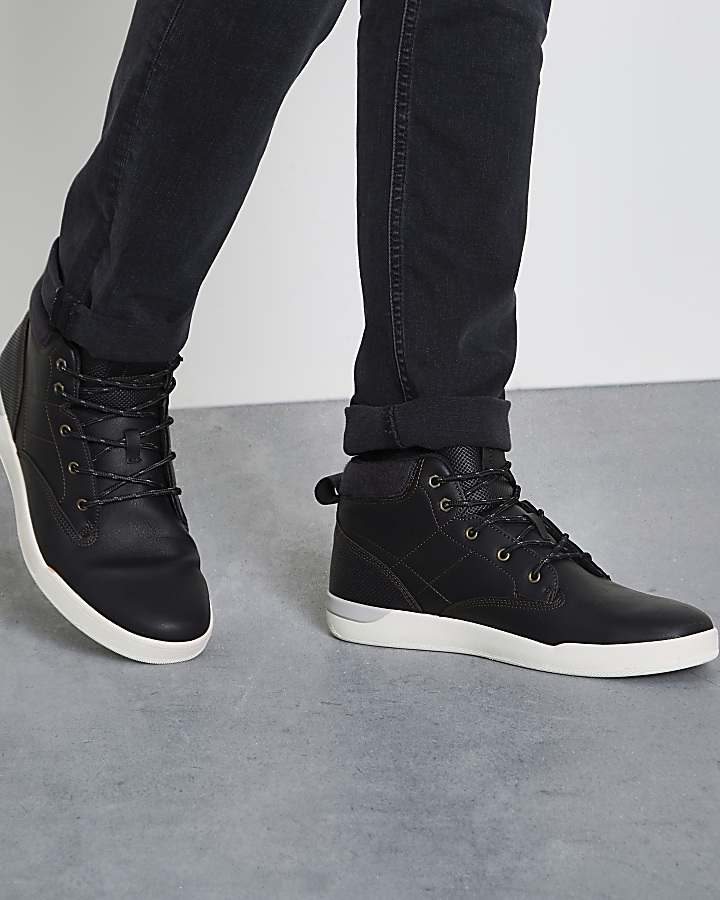 Black hi top lace-up trainers