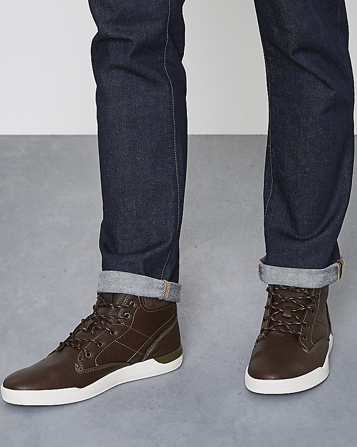 Dark brown high top lace-up trainers