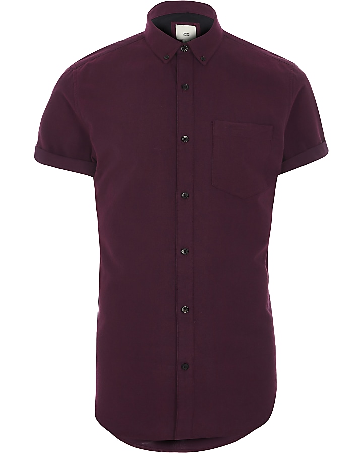 Burgundy short sleeve slim fit Oxford shirt