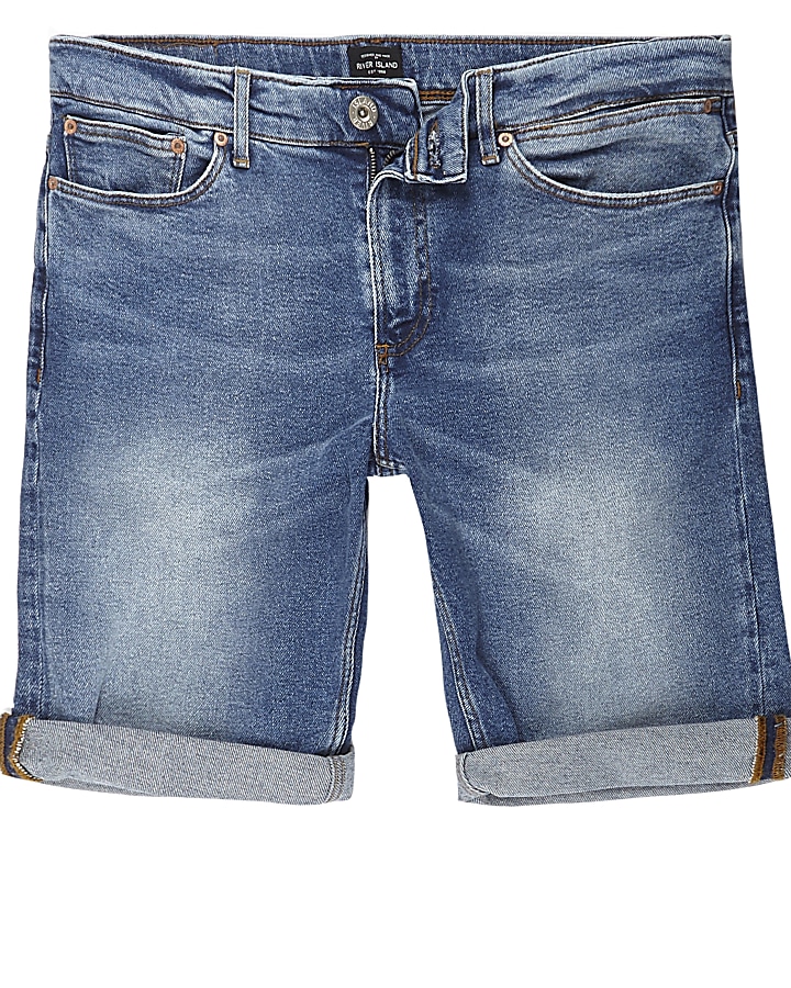 Mid blue skinny denim shorts