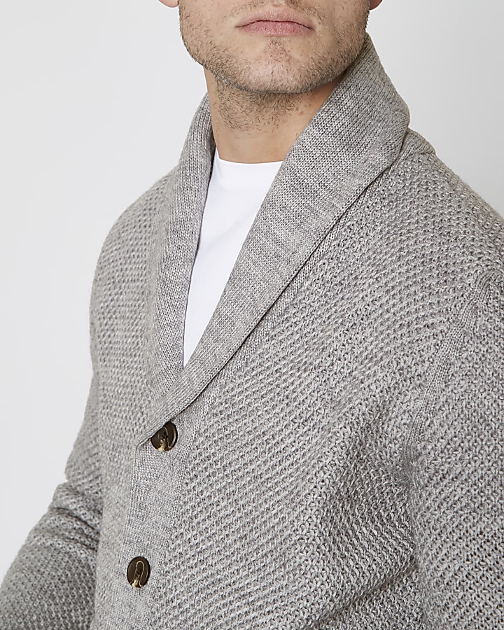 Grey shawl neck button-down knit cardigan