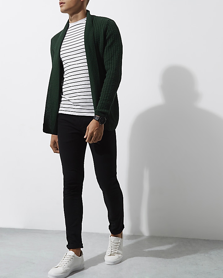 Dark green cable knit open front cardigan