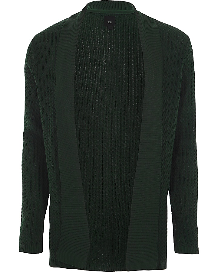 Dark green cable knit open front cardigan