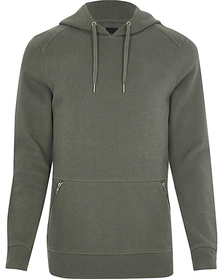 Dark green side zip pocket muscle fit hoodie