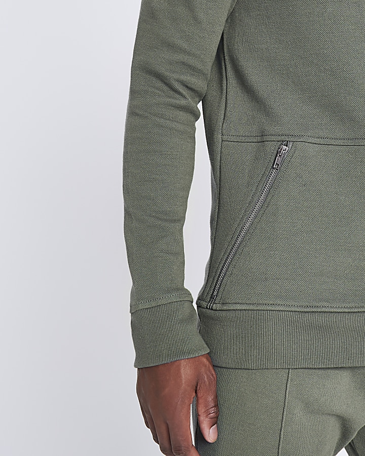 Dark green side zip pocket muscle fit hoodie