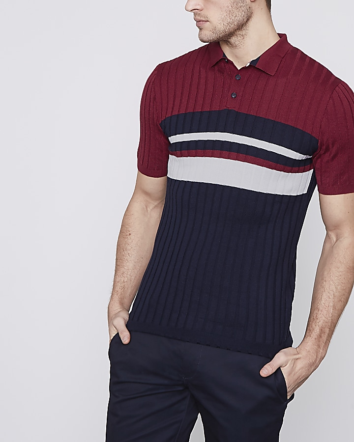 Navy block stripe muscle fit polo shirt
