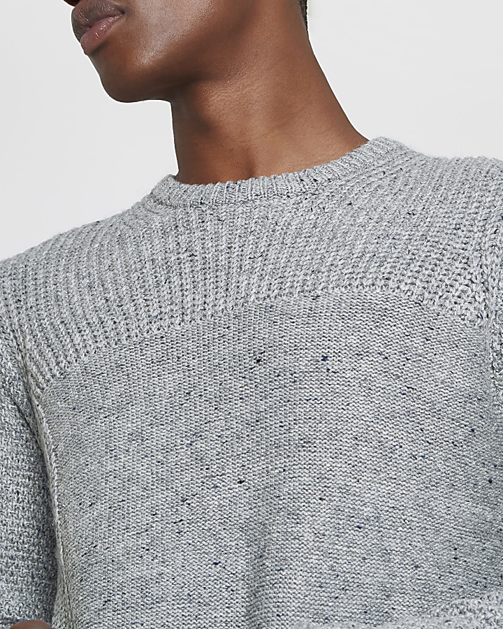 Grey mixed texture knit crew neck jumper