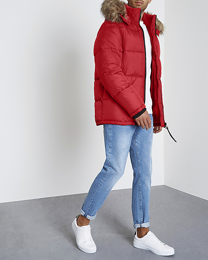 Red faux fur trim hooded puffer coat