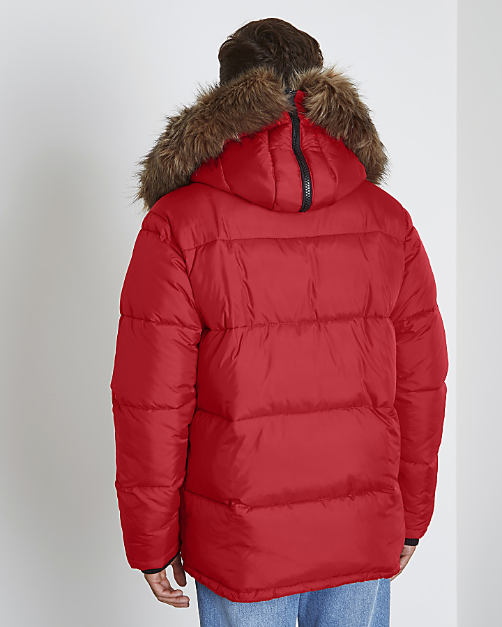 Red faux fur trim hooded puffer coat