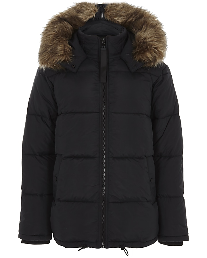 Black padded faux fur trim hooded coat