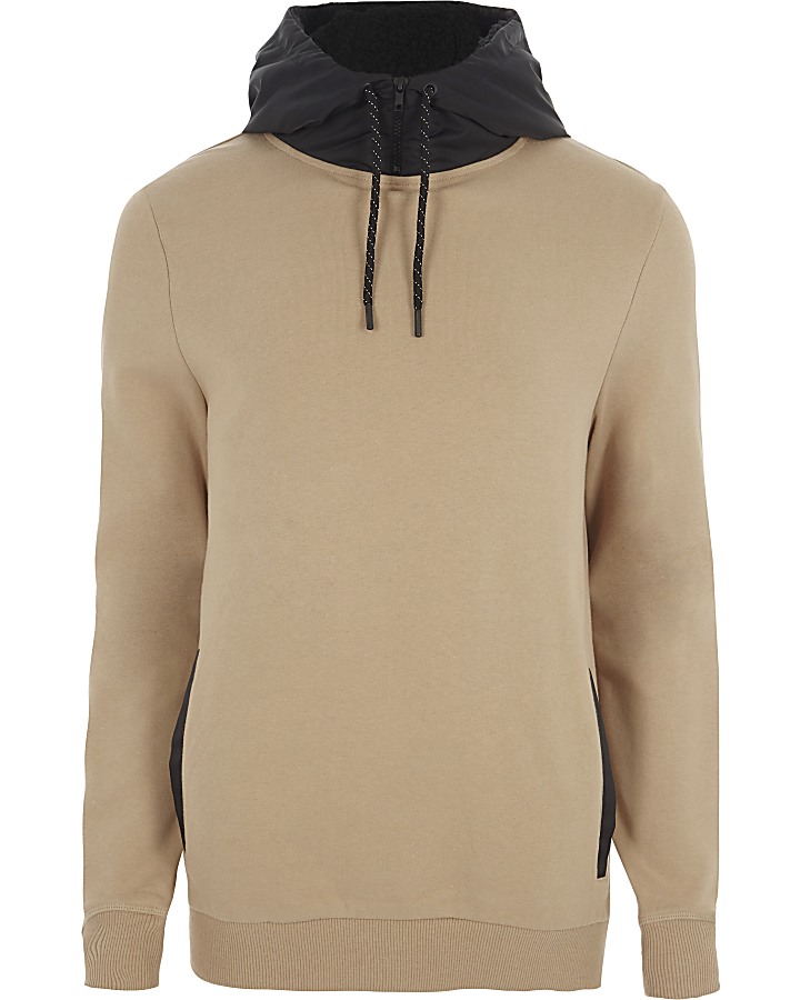 Light brown contrast drawstring hoodie