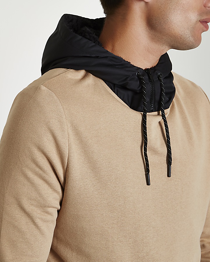 Light brown contrast drawstring hoodie