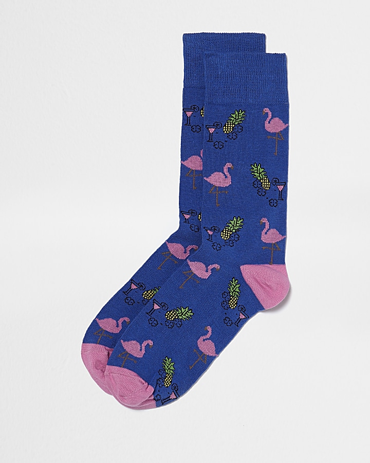 Blue flamingo print socks