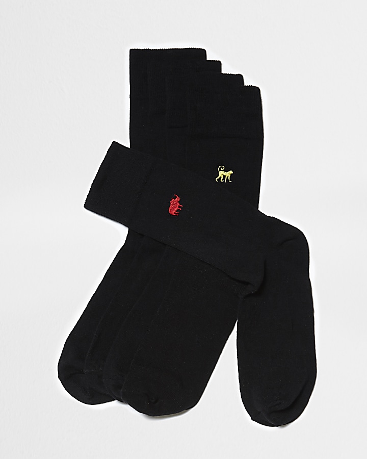 Black animal embroidered socks 5 pack