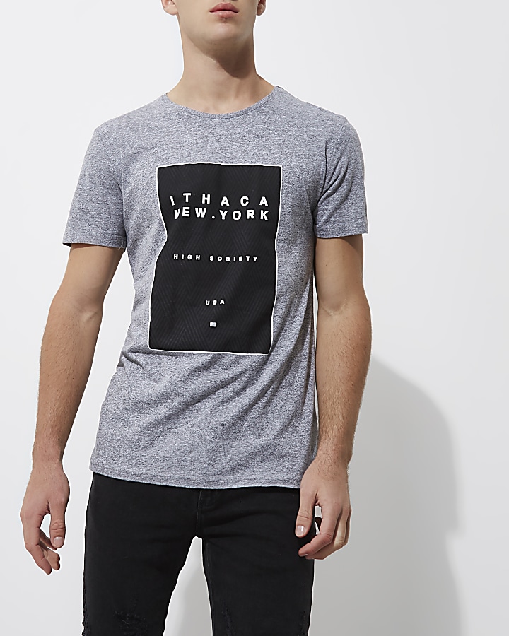 Grey marl 'New York' box print T-shirt