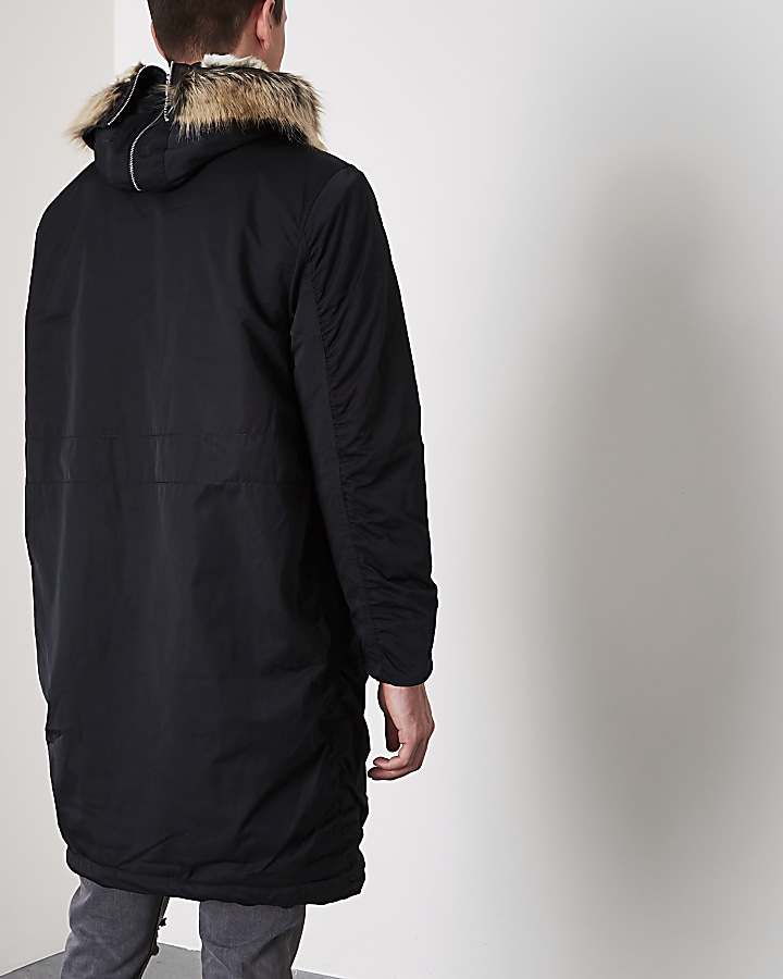 Navy faux fur lined double zip hooded parka