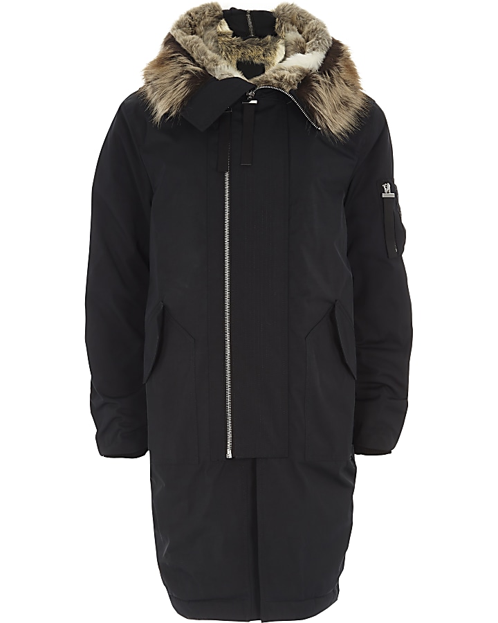 Navy faux fur lined double zip hooded parka