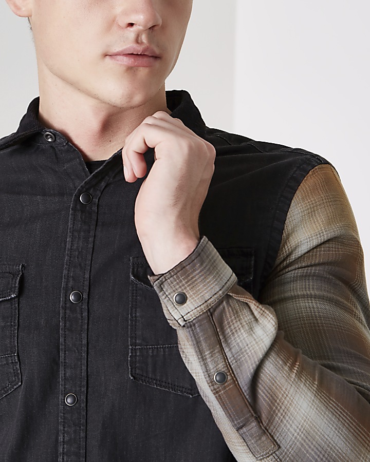 Black long check sleeve denim hybrid shirt
